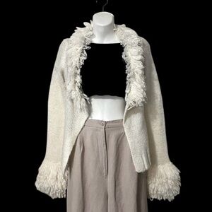 K Ladtes Apparel Vintage Penny Lane Cream Long Sleeve Fringe Cardigan Sweater S